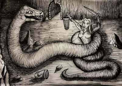 large snake coiled around elf, Scott Hibberson, Posted with Permission